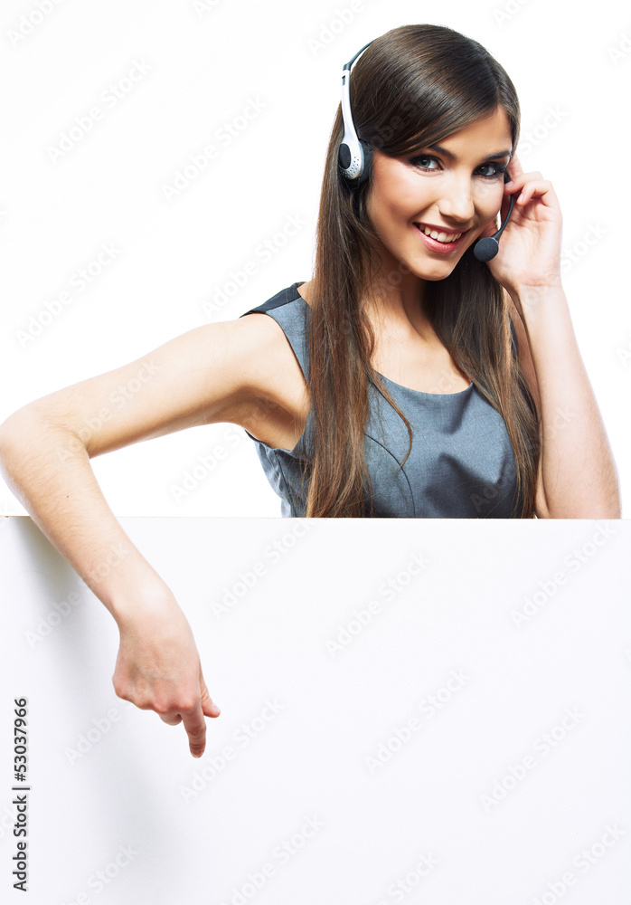 Smiling business woman with big blank board Smiling business woman with big blank board