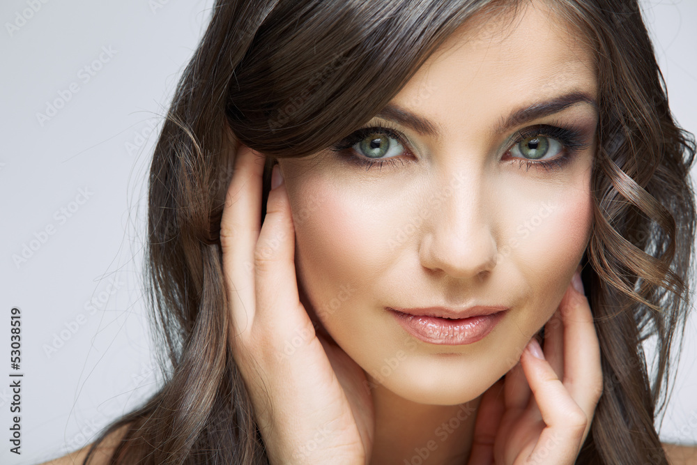 Woman beautiful face portrait. Skin care style face hand touchi Woman beautiful face portrait. Skin care style face hand touchi