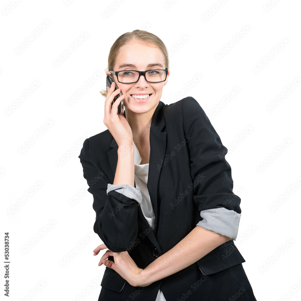 Happy woman talking by phone