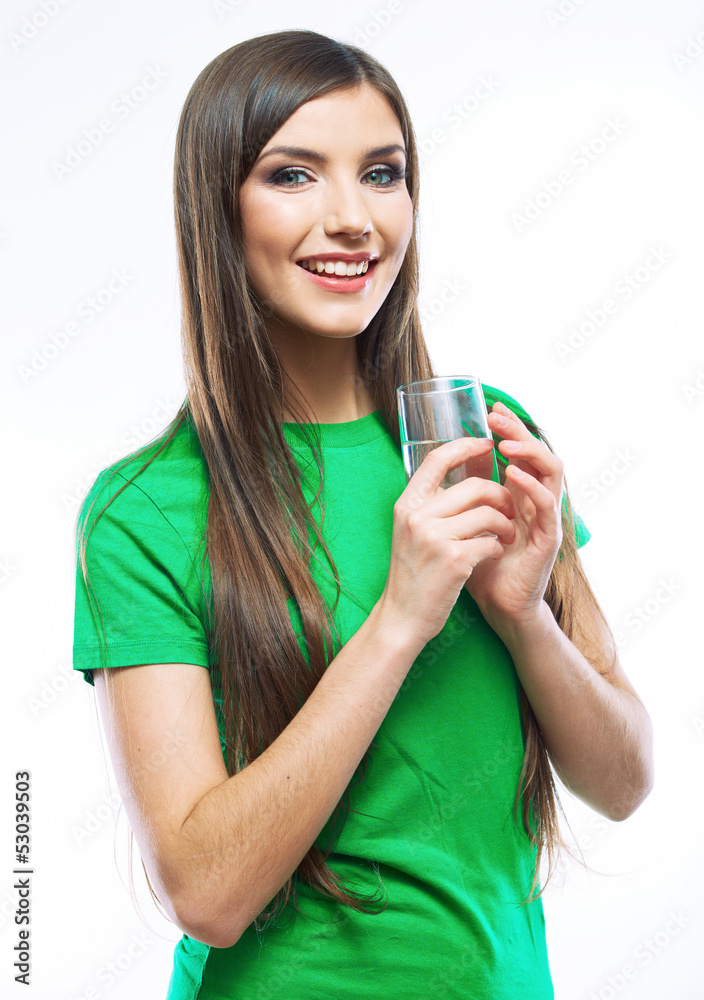 White background isolated woman with water glass White background isolated woman with water glass