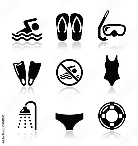 Swimming, scuba diving, sport vector icons set