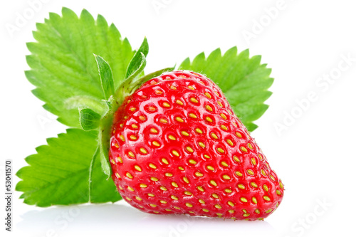 ripe juicy strawberry with green leaves