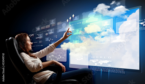 Young woman pushing icon