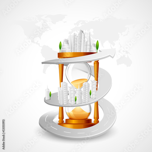 vector illustration of building around hour glass
