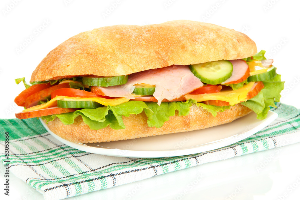 Fresh and tasty sandwich with ham and vegetables isolated Fresh and tasty sandwich with ham and vegetables isolated
