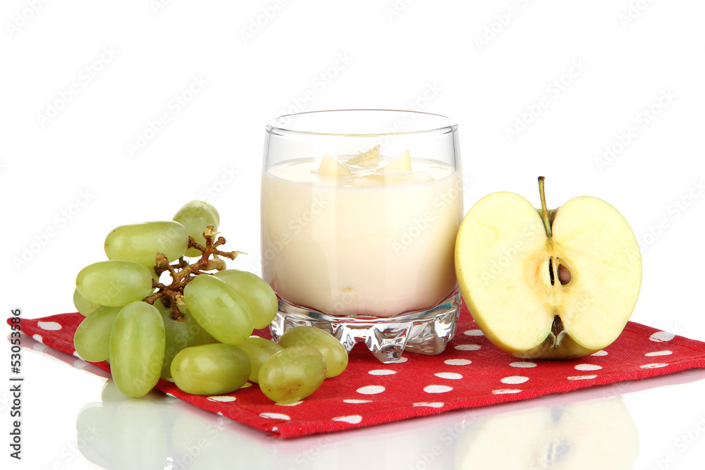 Delicious yogurt in glass with fruit isolated on white Delicious yogurt in glass with fruit isolated on white