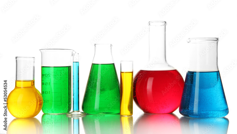Test tubes with colorful liquids isolated on white Test tubes with colorful liquids isolated on white