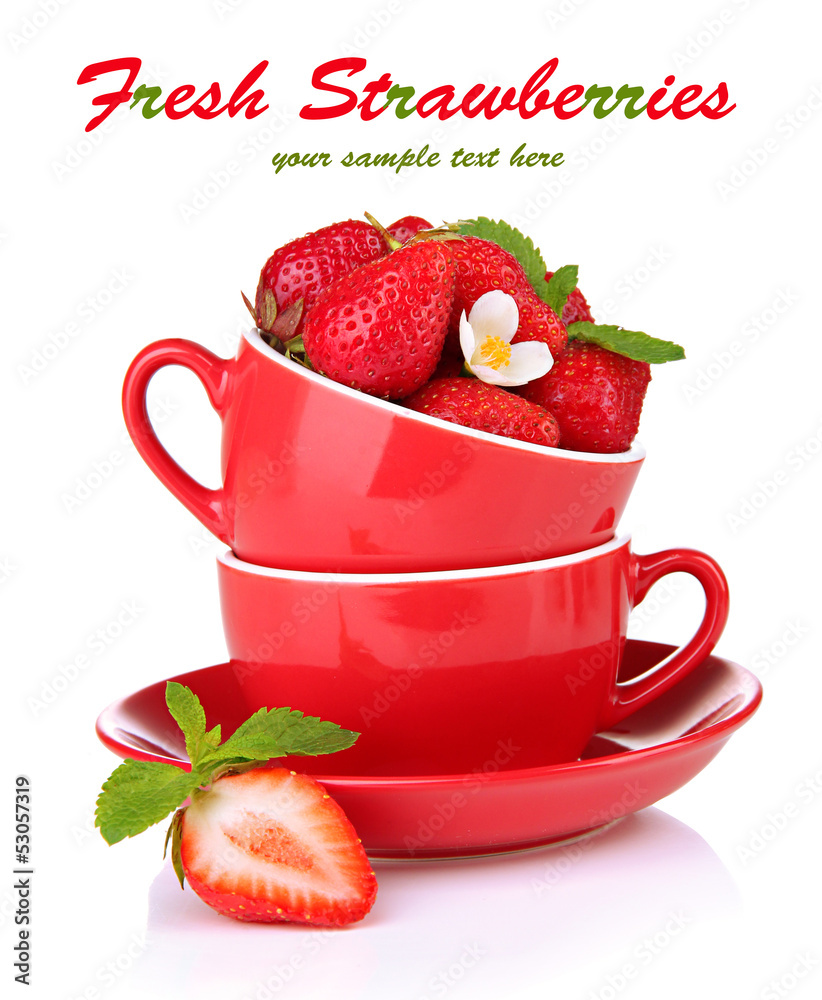 Ripe sweet strawberries in red cups, isolated on white Ripe sweet strawberries in red cups, isolated on white