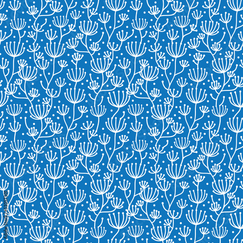 Vector blue white lineart plants seamless pattern background