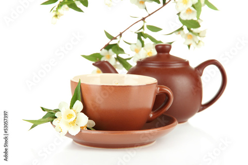 Fototapeta Naklejka Na Ścianę i Meble -  Cup of tea with jasmine, isolated on white