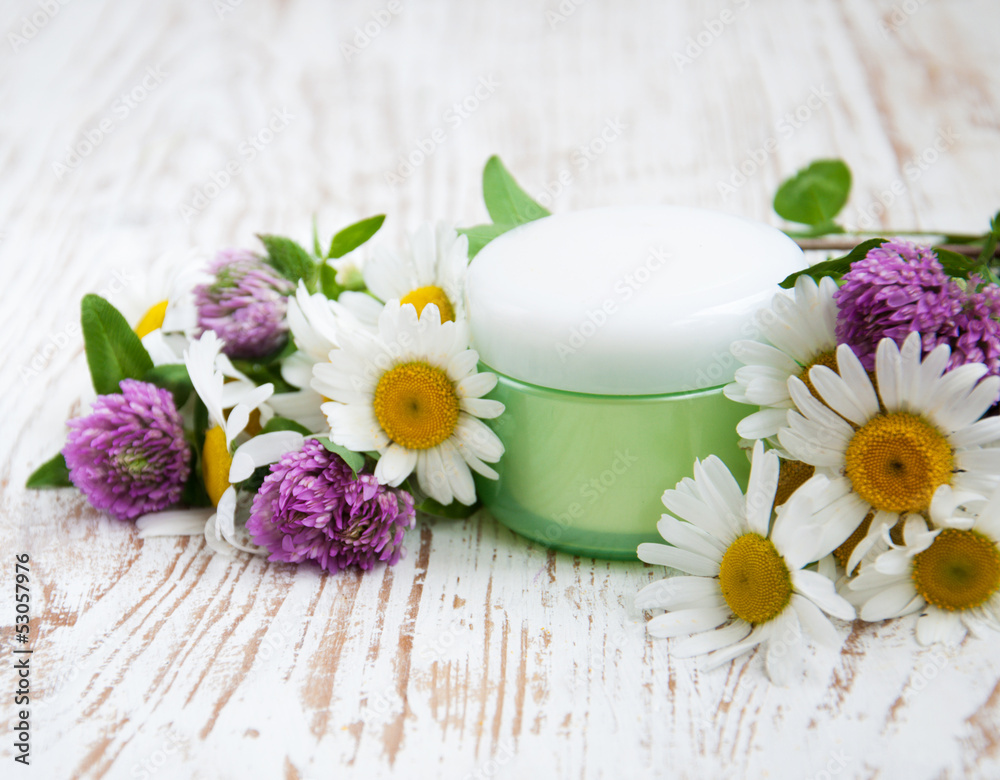 container with cream  clover and chamomiles