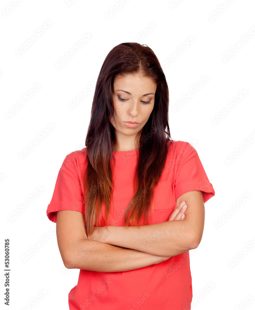 Depressed brunette girl dressed in red Depressed brunette girl dressed in red
