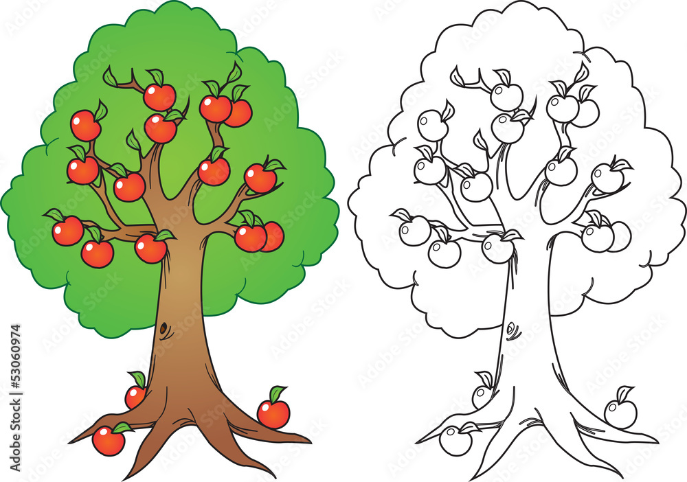 cartoon apple tree in color and black n white version Stock Vector | Adobe  Stock