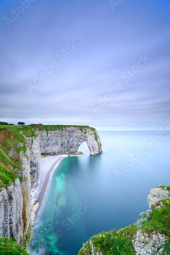 Etretat, Manneporte natural rock arch and its beach. Normandy, F