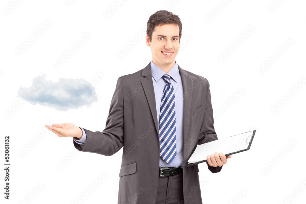 Man holding a clipboard and gesturing with hand, symbolizing clo Man holding a clipboard and gesturing with hand, symbolizing clo