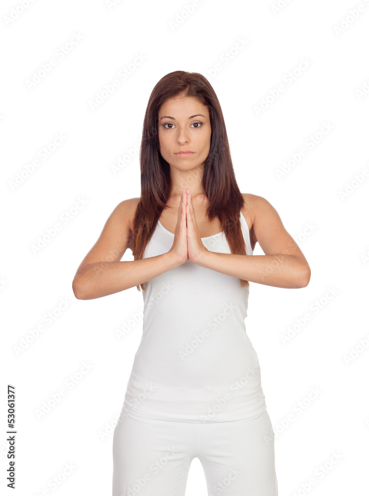 Attractive girl dressed in white practicing yoga Attractive girl dressed in white practicing yoga