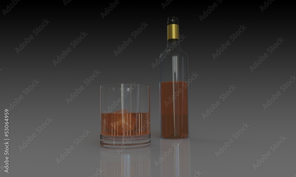 Bottle of whiskey and glass isolated dark background