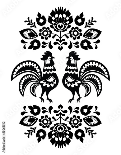 Polish ethnic floral embroidery with roosters in black and white #53065510