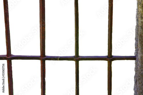 old rusty bars of an iron gate with white background