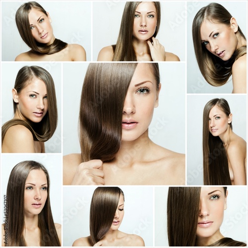 fashion hairstyle collage , natural long shiny healthy hair