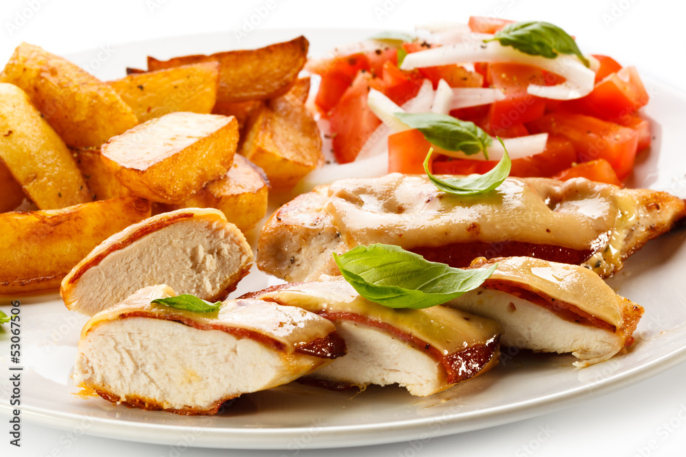 Grilled chicken breasts with cheese and baked potatoes Grilled chicken breasts with cheese and baked potatoes