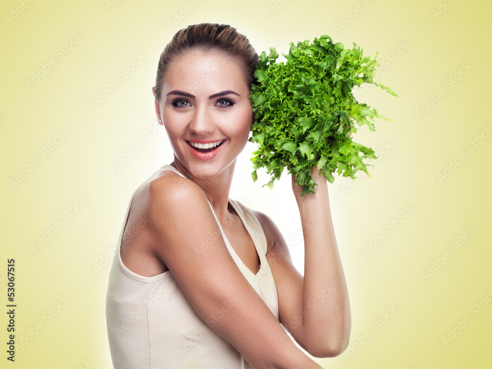 woman with bundle herbs (salad). Concept vegetarian dieting woman with bundle herbs (salad). Concept vegetarian dieting