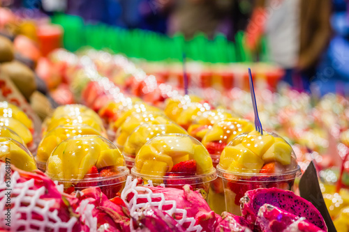 Photography Set packed of fresh fruits in La Boqueria market, in Ramblas str