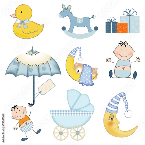 new baby boy items set isolated on white background