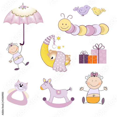 baby girl items set isolated on white background