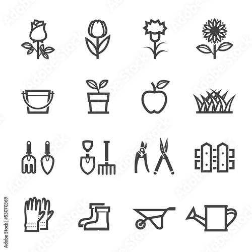 Flower and Gardening Tools Icons with White Background