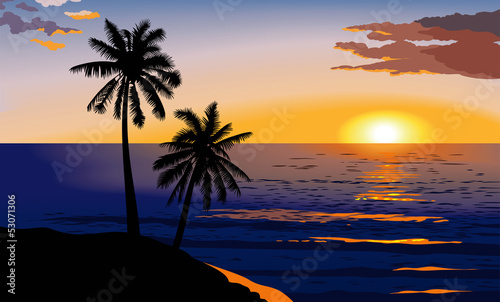 Tropical sunset at sea, vector illustration