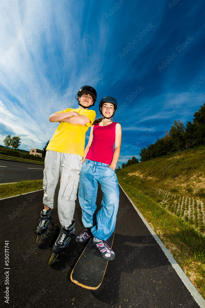 Active young people - rollerblading, skateboarding