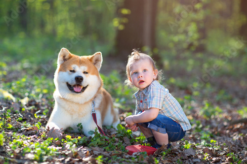 The boy and dog on a glade