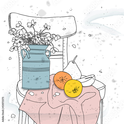 still life with flowers on a chair