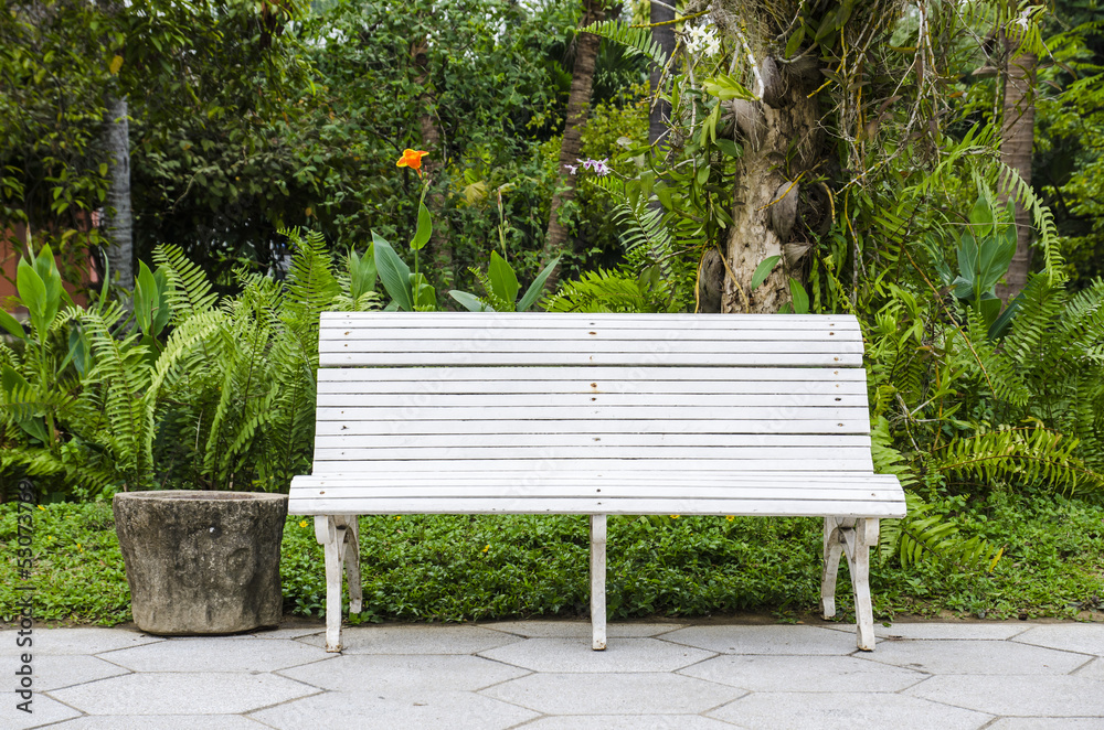 White bench under tree