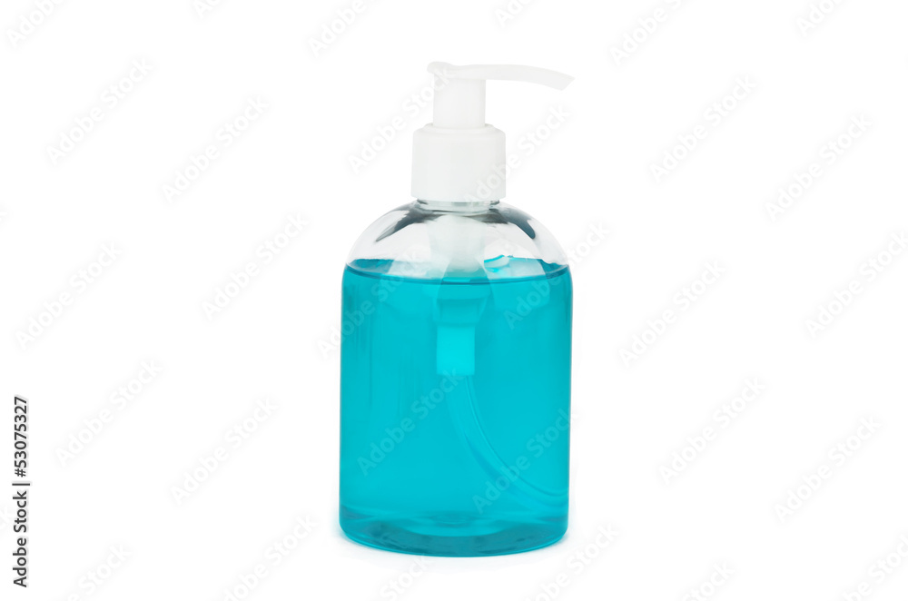 Bottle with turquoise liquid soap