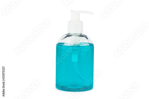 Bottle with turquoise liquid soap