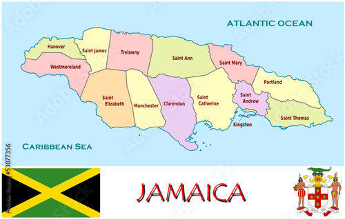 Jamaica Caribbean emblem map symbol administrative divisions