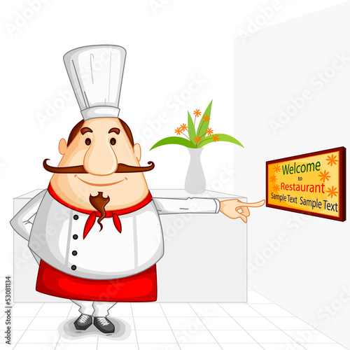 vector illustration of chef welcoming in restaurant