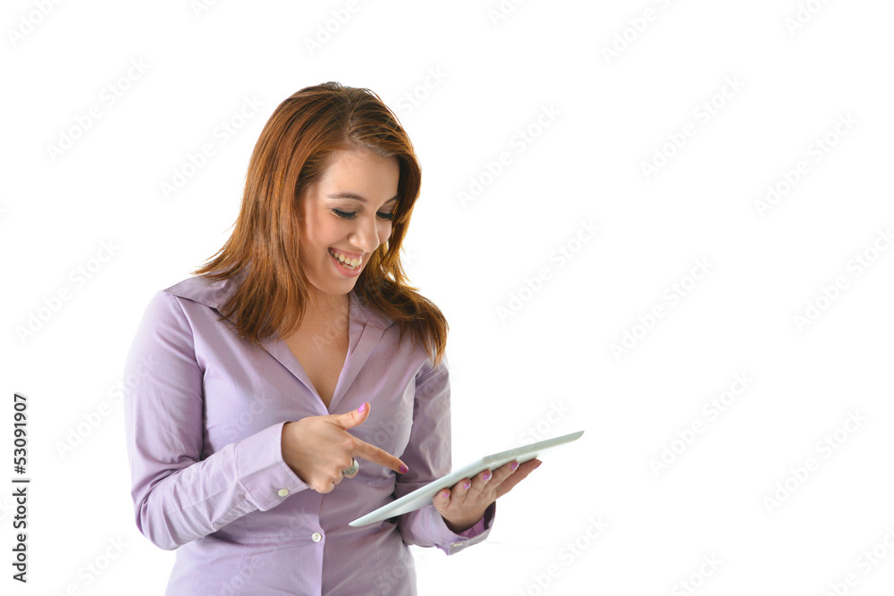 Business Woman Looking at Tablet and Laughing Business Woman Looking at Tablet and Laughing