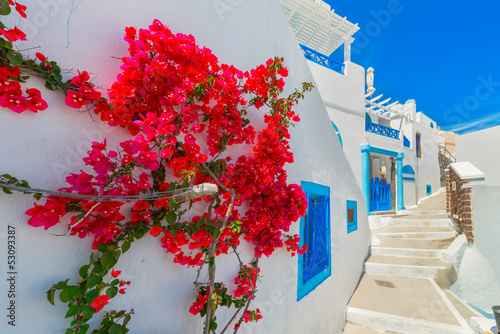 Greece Santorini island in Cyclades, traditional view of white w