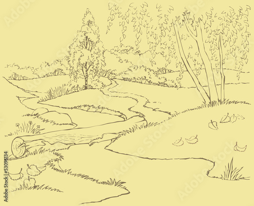 Vector landscape. The path and stream in autumn forest