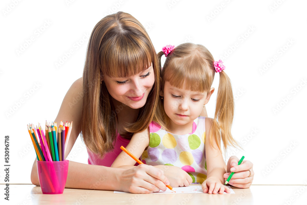 mother and her daughter pencil together mother and her daughter pencil together