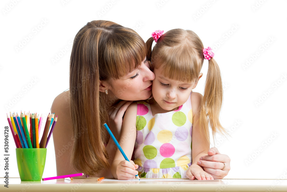 mother and her child girl draw together mother and her child girl draw together