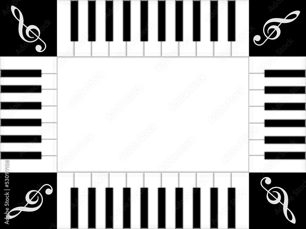 Fototapeta premium Moldura musical - background a preto e branco com teclas e clave de sol