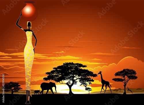 African Woman on Savannah Sunset-Donna Africata nel Tramonto
