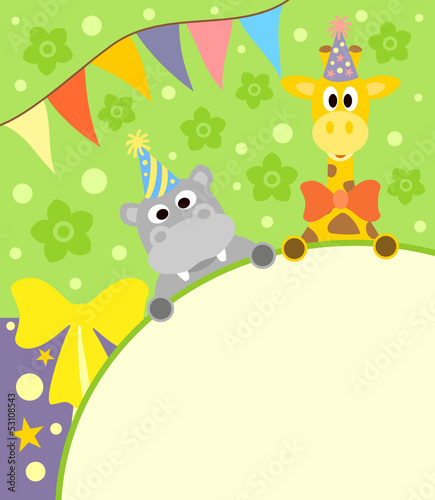 Fototapeta Naklejka Na Ścianę i Meble -  Background card with funny hippopotamus and giraffe