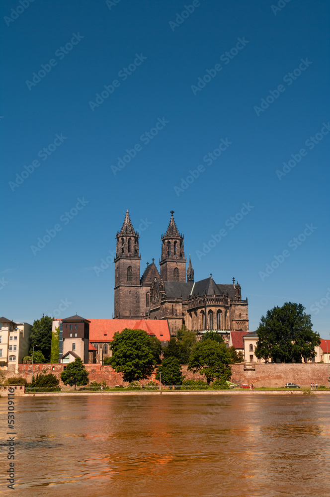 Flooding in Magdeburg, Cathedral at river Elbe, June 2013