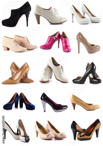 Collection of female shoes over white. female footwear