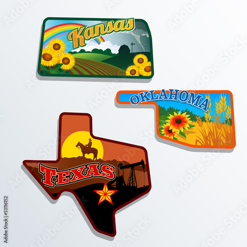 Kansas, Oklahoma, Texas illustrated retro designs